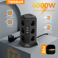 TESSAN 2 Switch Tower Power Strip with 12 AC 3 USB A 2 USB C Ports Vertical Electric Socket with 2M Extension Cord for Home 멀티탭