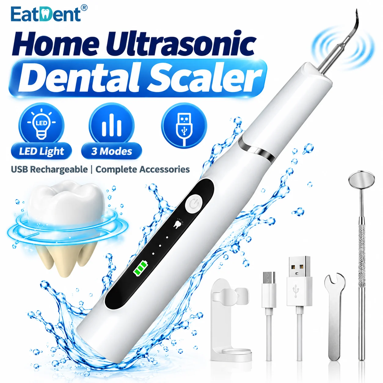 Ultrasonic Dental Scaler Oral Care Tartar Removal Calculus Remover Kit Tooth Stain Cleaner LED Light Dental Tooth Cleaning Tool