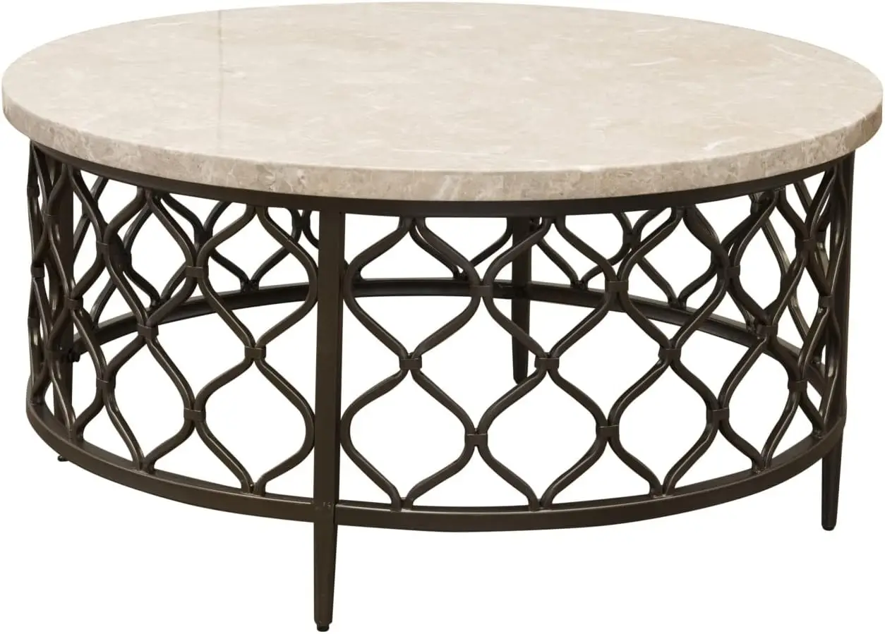 Roland White MarbleTop Cocktail Table Round Stone Bronze Metal Base Frame Coffee Modern Living Room