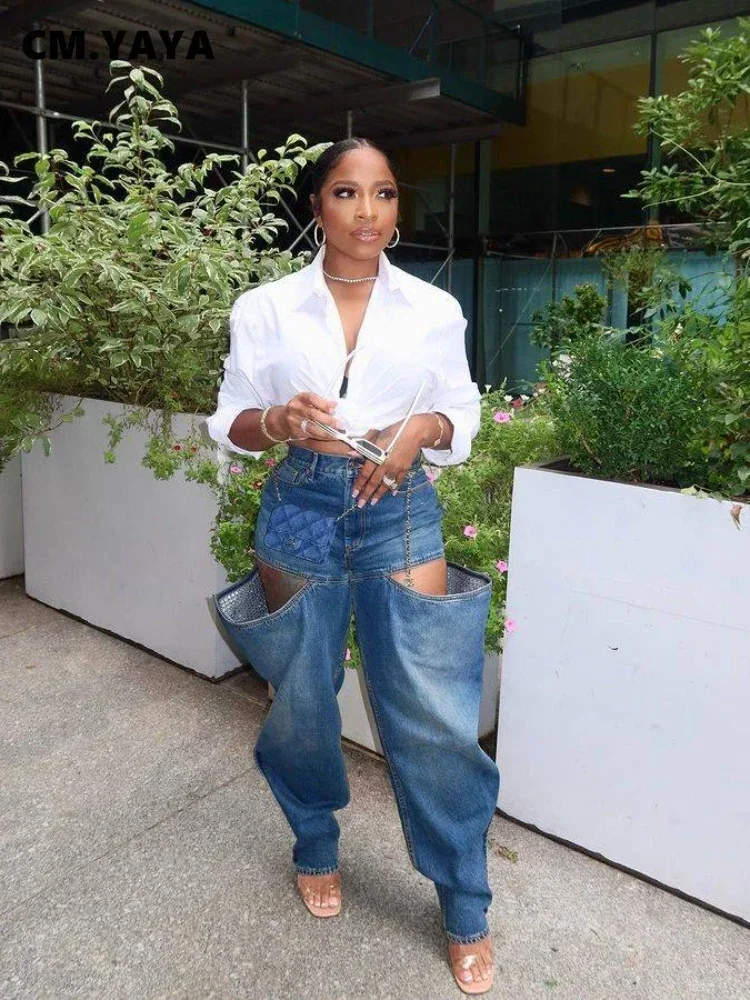 CM.YAYA Women Streetwear Fashion Cutout Side Zipper Fly Denim