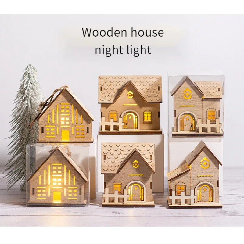 New Wooden glowing log cabin ornaments Mini house festival wood handicraft DIY LED light toys  children Gift Window Decoration