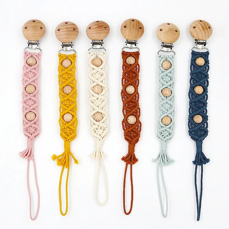 Pacifier Chain Beech Wood Clip Nipple Infant Macrame Cotton Dummy Holder for Newborn Baby Christmas Gift Nursing Clips Accessory