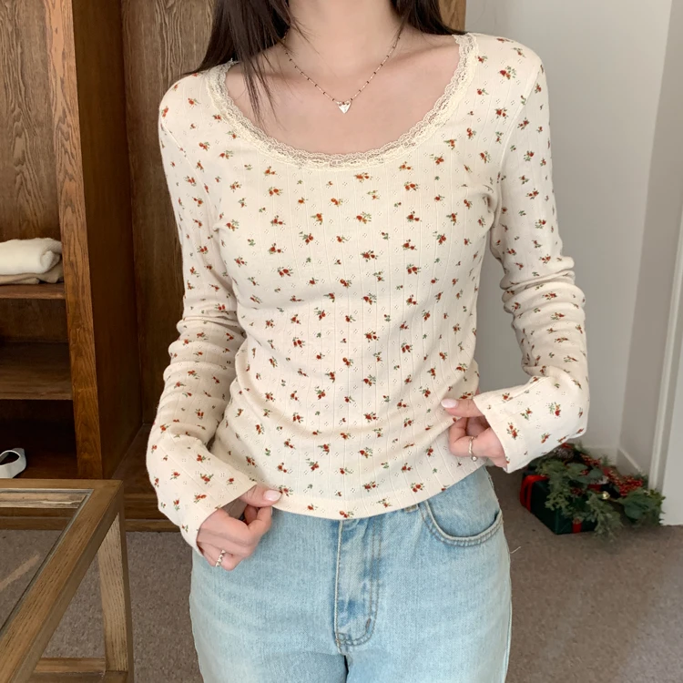 8colors 2024 Spring korean style women slim tops Crop Lace Floral Long Sleeve t-shirt Womens Tees shirt femme (X3151)