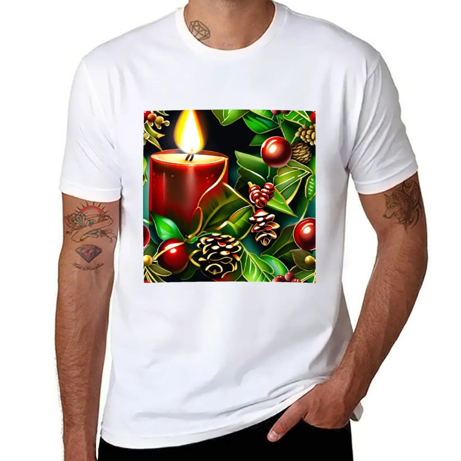 Christmas Holiday Season Candles Holly Pinecones 3 T-Shirt summer top sweat shirt T-shirt short big and tall t shirts for men