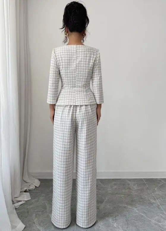 

2025 Square Collar Checkered Printed Button Slim Fit Top and High Waisted Straight Leg Pants Set Autumn Women's Commuting Set