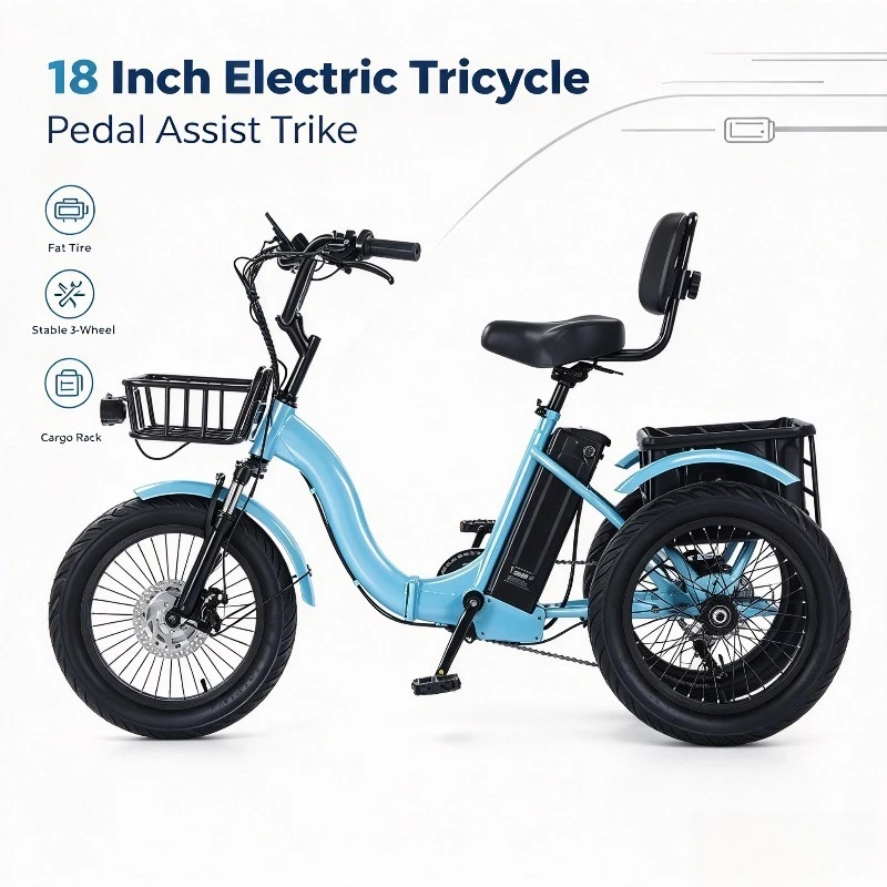 18 Inch Fat Tire Electric Assist Tricycle, Pedal Snow 3 Wheel Bike, All Terrain Electric Bicycle for Outdoor Snow Riding