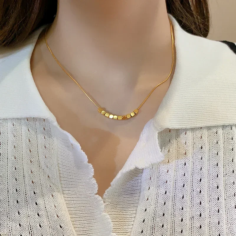 18k Pure Gold Sugar Cube Beads Necklace, AU750 Real Gold Square Balls Pendants Snake Bone Chain Ladies Wedding Birthday Gift