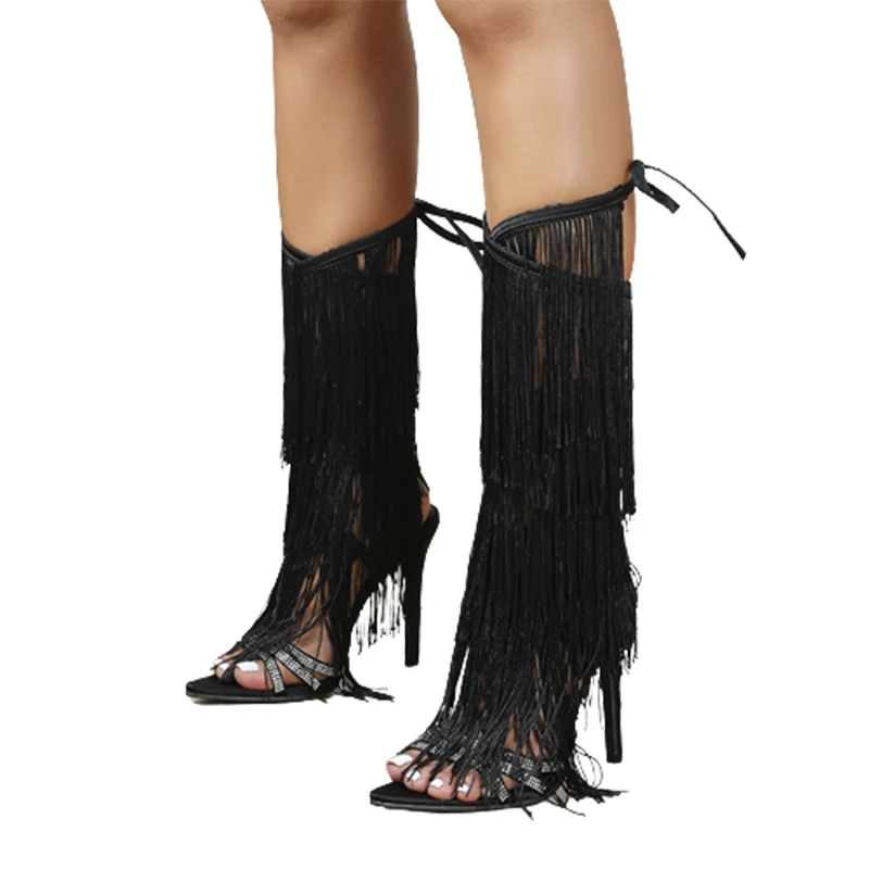 Kcenid Fringe Gladiator Sandals Boots Sexy Pointed Toe Tassel Strappy Lace Up Shoes Rhinestone Thigh High Boots Banquet Shoes