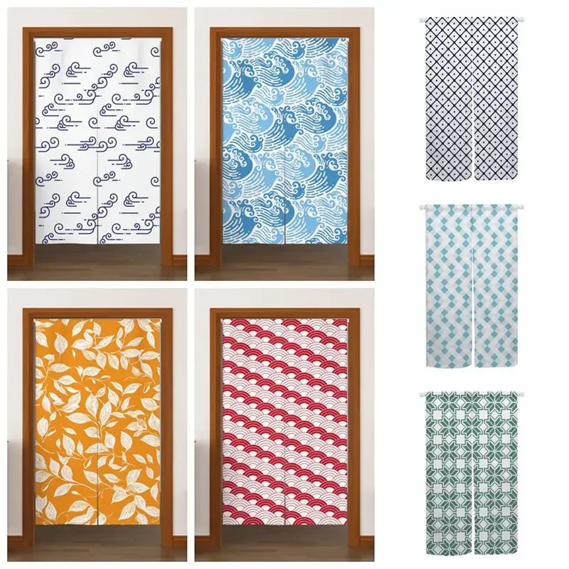 Japanese Style Noren Door Curtains Wave Geometric Leaf Patterns Linen Doorway Curtains Kitchen Entrance Hanging Half Curtains