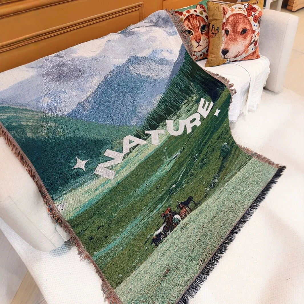 

130*160cm Scenic Decorative Tapestries Leisure Blanket New American Rustic Knitted Thread Blanket Sofa Travel Tent Cover Blanket