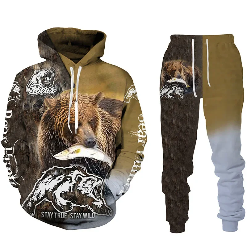 Men Clothing For Hoodies Suit Animals Bear 3D Print Camouflage Tracksuit Pants 2Pcs Sets Long Sleeve Pullover Oversize Suit