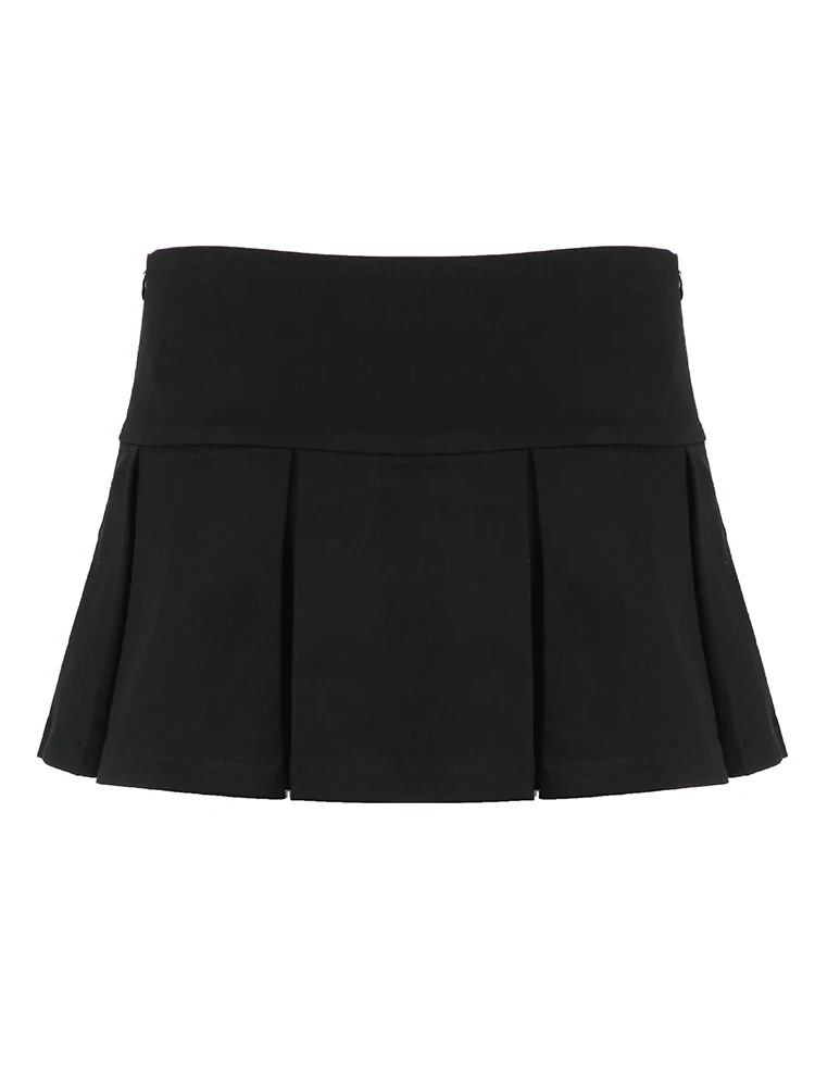 Weekeep Low Rise Black Pleated Skirt Casual Buttons Stitching Mini Skirts for Women Vintage Preppy Style y2k Basic Women Bottoms