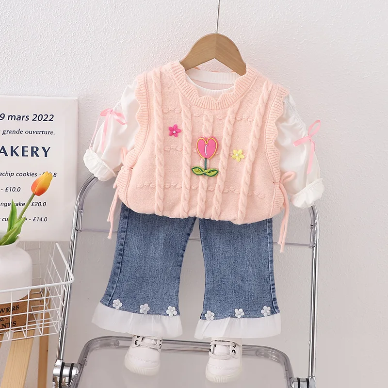 Girls Three-piece Set Autumn 2023 New Autumn Childrens Fashion Vest White Shirt Three-piece Korean Style Childrens Autumn Wear