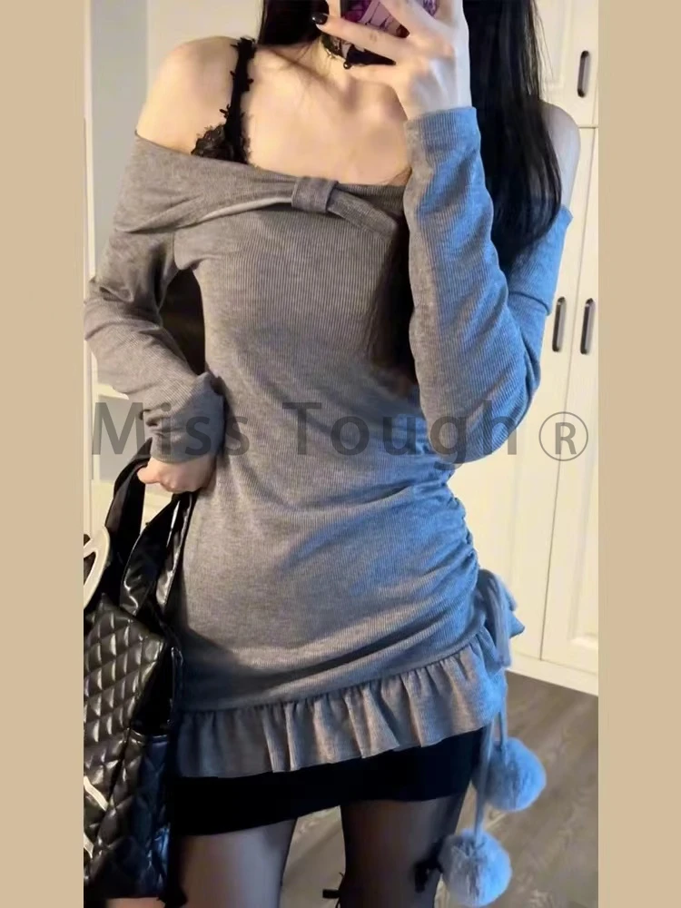 Winter New Knitted Two Piece Dress Suit Women Black Lace Dresses + Pretty Grey Pullovers Korean Fashion Design Sweater Set 2024