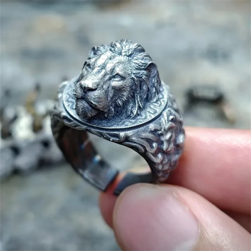 Domineering Embossed Stereoscopic Fine Carved Silver Color Lion King Ring Men's Versatile Daily Jewelry Open Ring Accessories