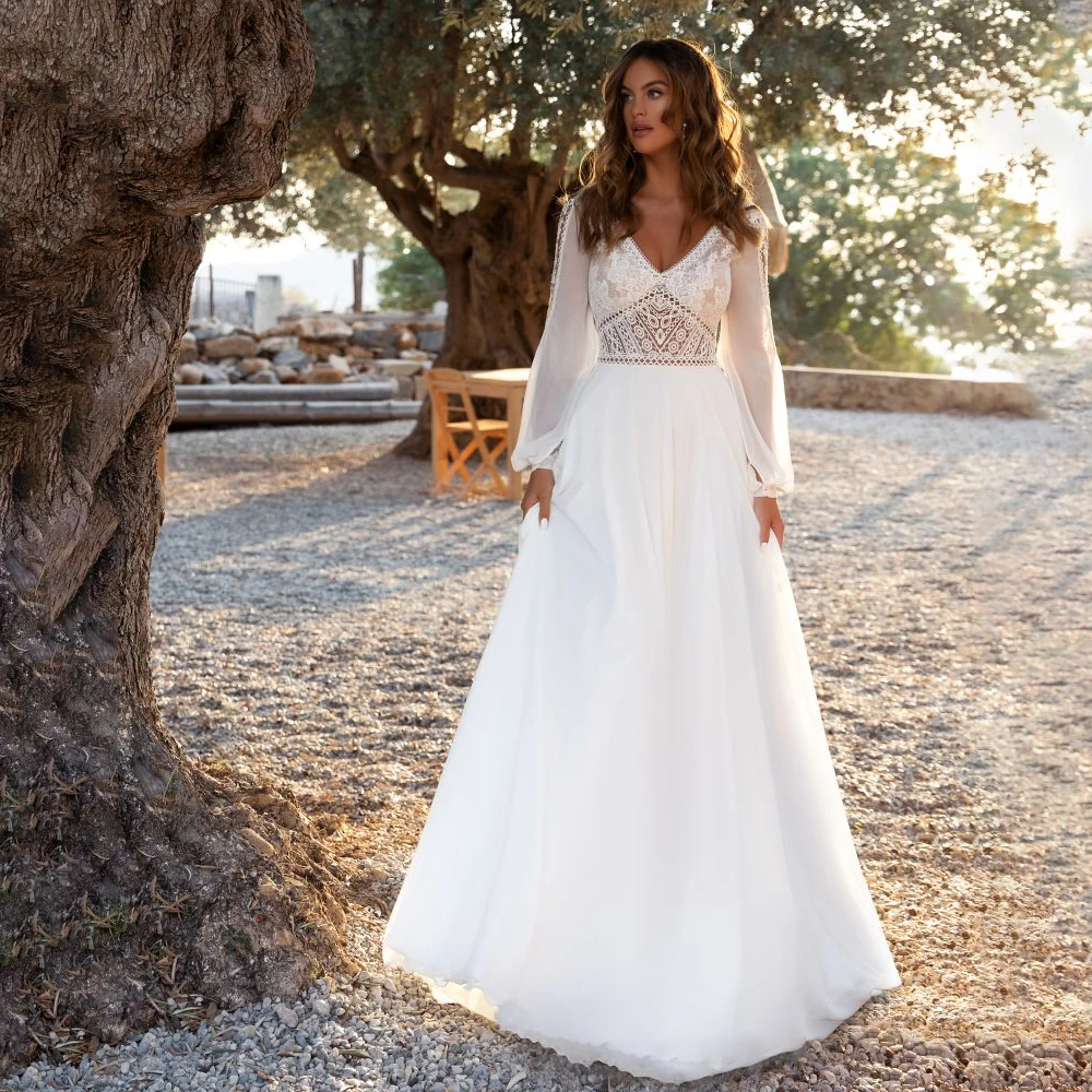 

Boho V-neck Long Sleeve Lace Wedding Dress Long Puff Sleeve Backless Floor Length Chiffon Bridal Dress with Train Custom Made