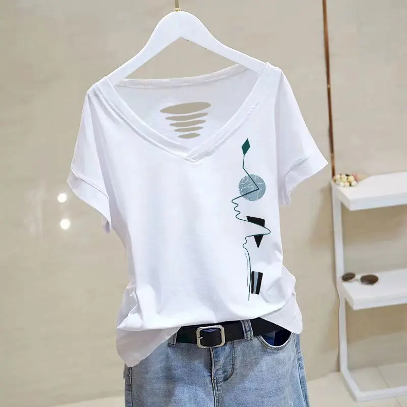 100% Cotton T-shirts Women Exposed Collarbone Desgin Short Sleeve Tops 2024 Summer Trend Thin T Shirt Korean V-neck Tshirt Y2k