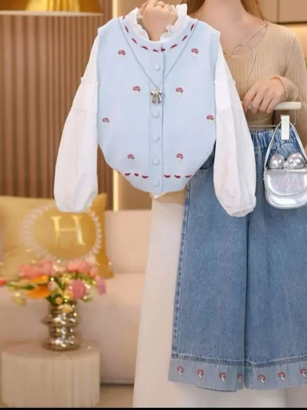 

Girls Casual Spring Autumn irt Children's Clothing Set Musoom Vest Jeans Tee-piece Suit Long Sve round Ne Leather