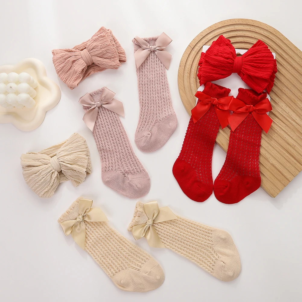 3Pcs/Set Baby Cable Knit Nylon Bows Headbands with Lace Eyelet Socks