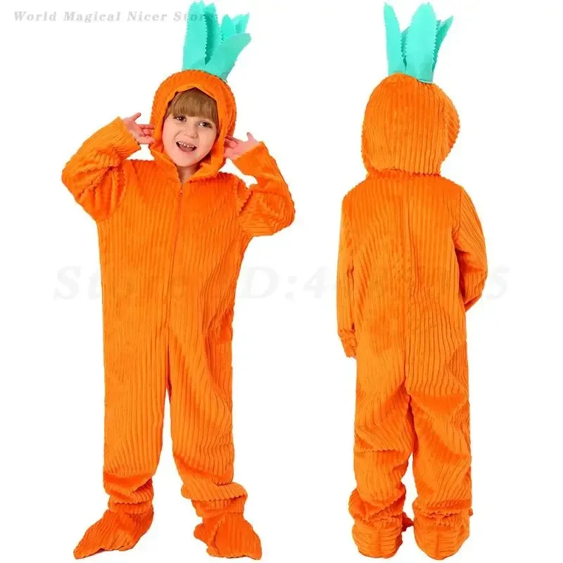 e,4;v'6\k/Funny Fruit Carrot Costume Children's Orange Jumpsuit Sleepwear Halloween Kid Carnival Party Vegetable Role 5;g'8.n/3\ view 2
