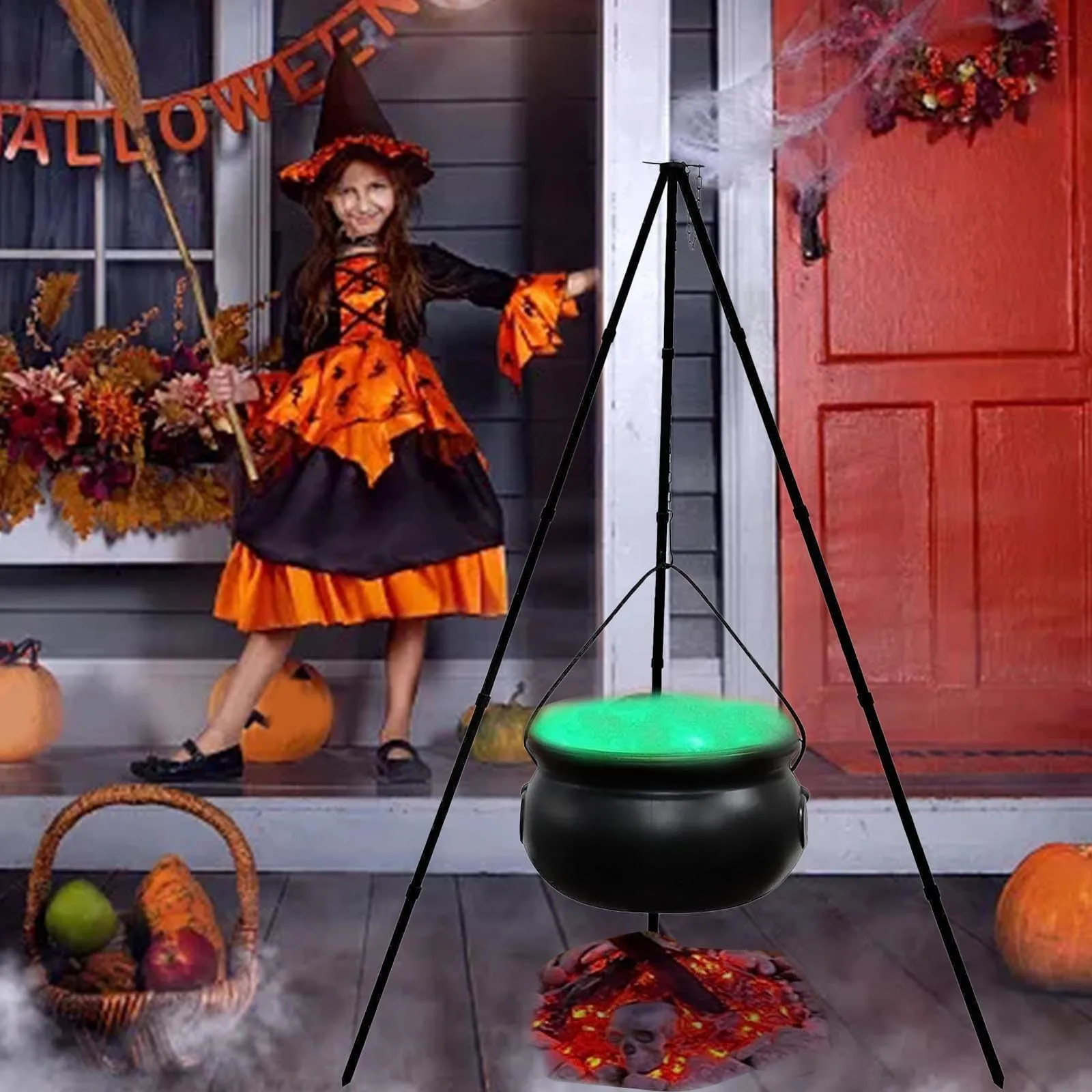 

Halloween Christmas Decor Outdoor Large Witch Cauldron On Tripod With Lights Black Plastic Bowl Party Hocus Pocus Candy Bucket