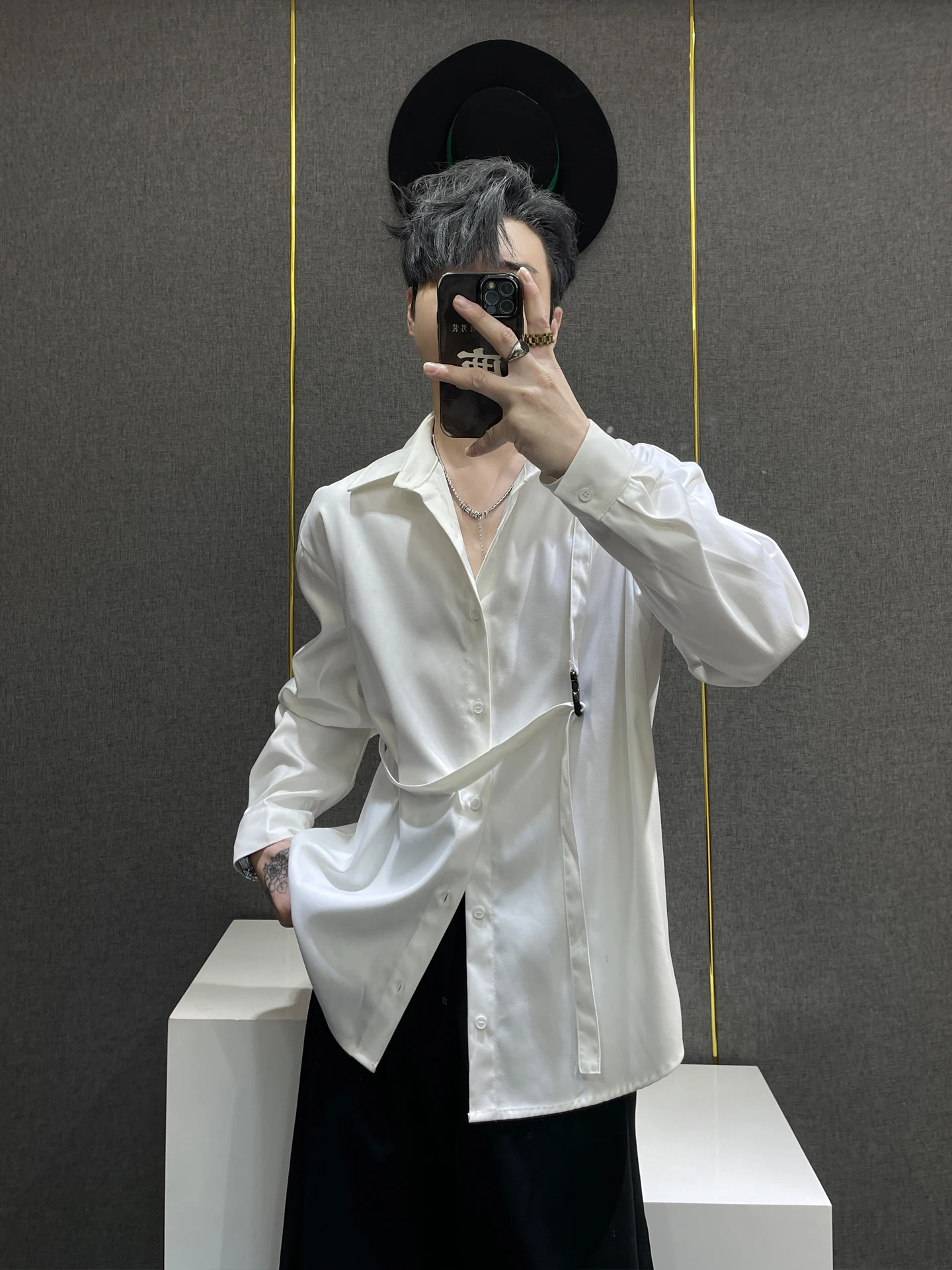 

Men's Long Sleeve Shirt Draped Loose Fit Polyester Fabric Breathable Casual Style Pure Color Button Closure Decorative Sash