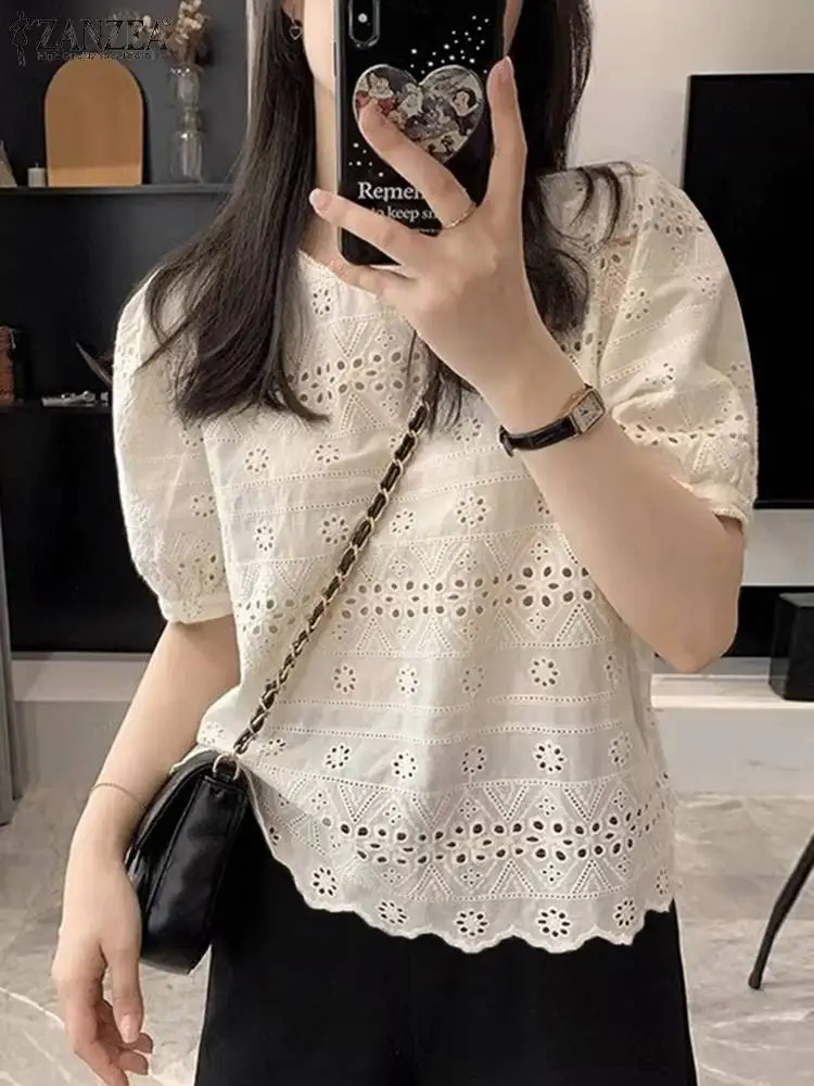 ZANZEA Korean Fashion Hollow Out Shirts Solid Lace Embroidery Women O Neck Blouses Puff Short Sleeve Casual Summer 2024 Blusas