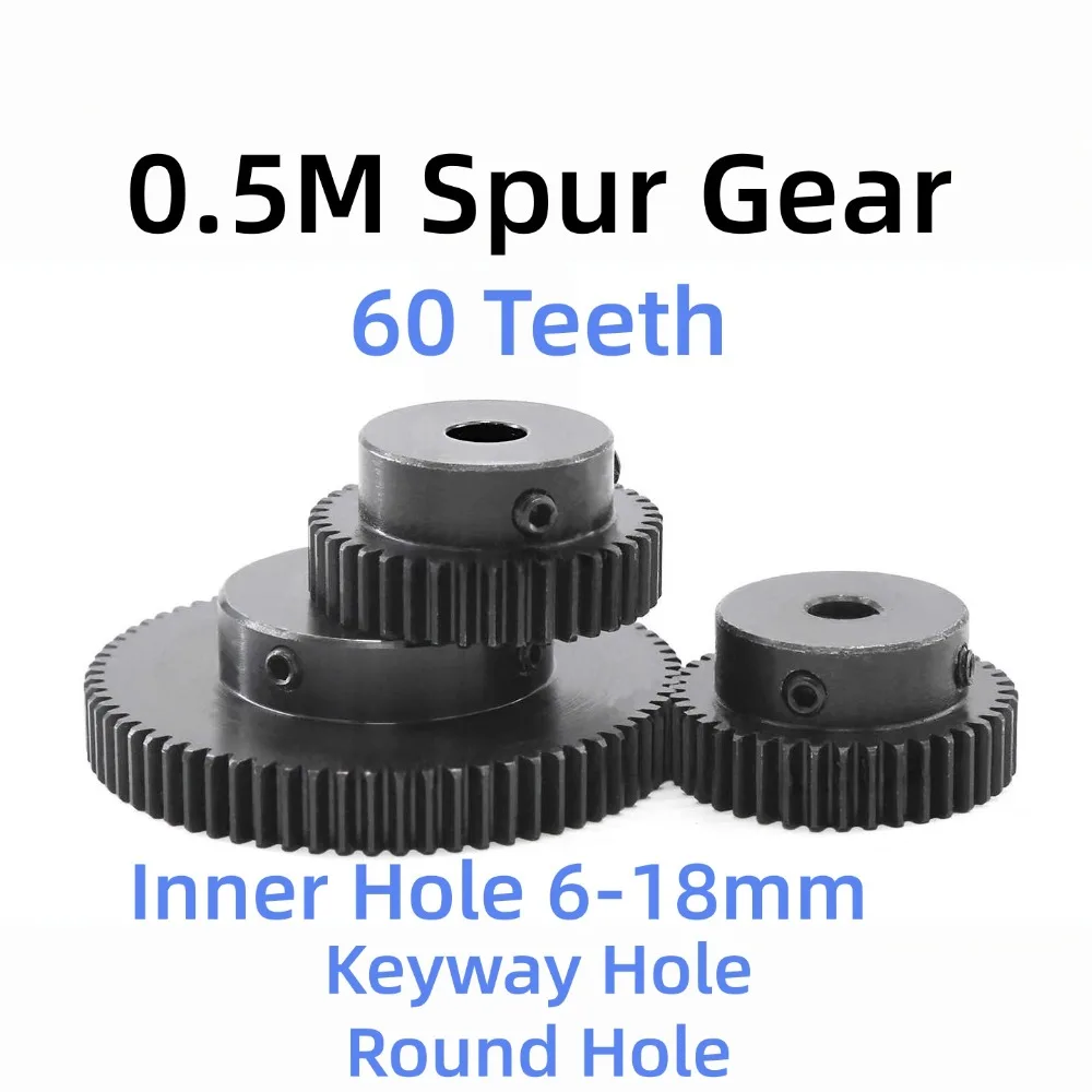 0.5M 60T Step Spur Gear 0.5 Modulus Black Convex Pinion Round Hole Or Keyway Hole Bore 6-15mm Mechanical Transmission Components