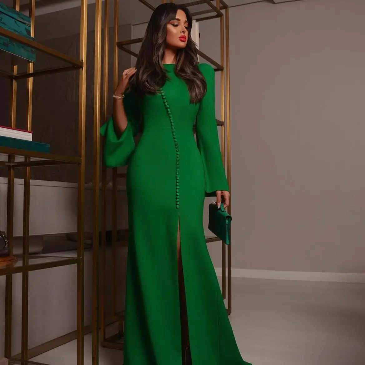 Cenove Green Tight Prom Dress Floor-Length With Long sleeves Evening Summer Party Dress For Women2024