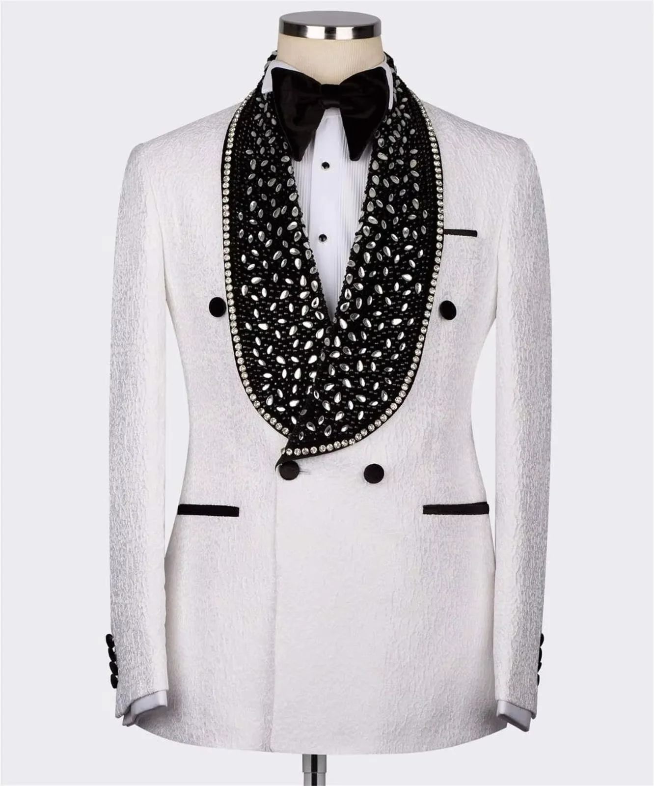 

Elegante Luxury Men's Slim Fit Suits 2 Pieces Double Breasted Beaded Crystals Wedding Groom Business Prom Customized