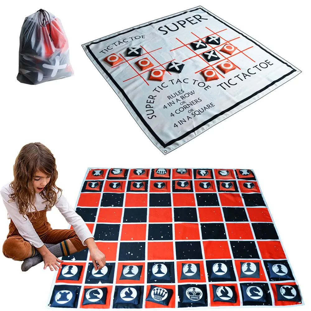 4-in-1 Jumbo Chess Board Game - 4FT Giant Tic Tac Toe, Checkers & More - 100% Machine-Washable Canvas With 4.33inch/11cm Beanbag