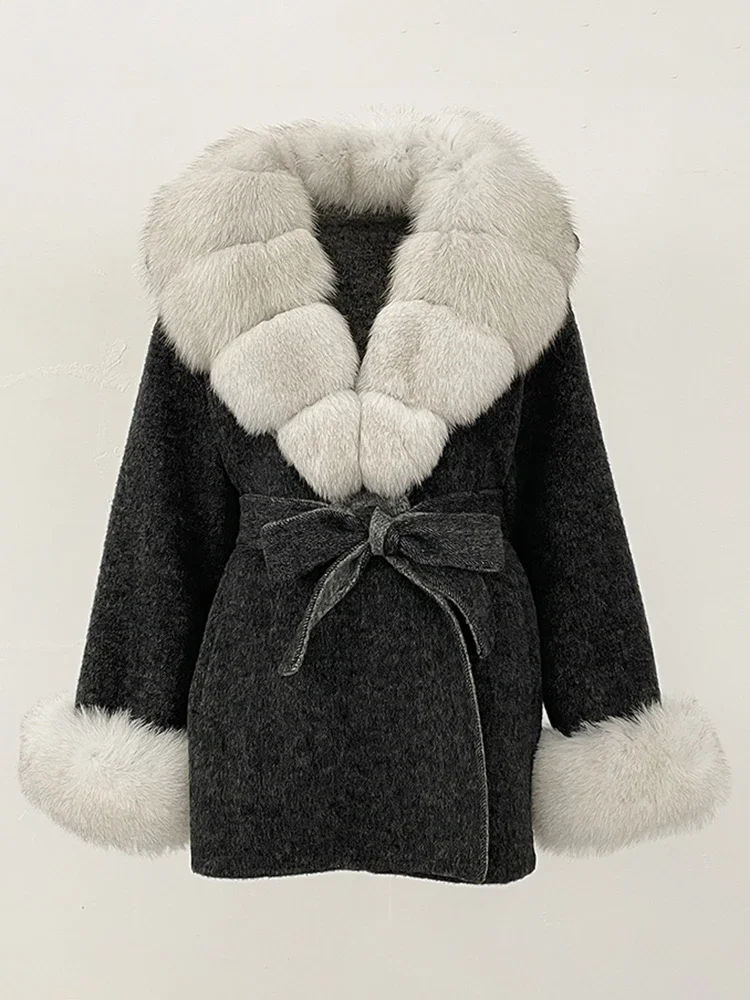 2025 New Winter Clothing Women Commute Belt Real Fur Wool Coat Female Fashion Outerwears Natural Fox Fur Woolen Jacket