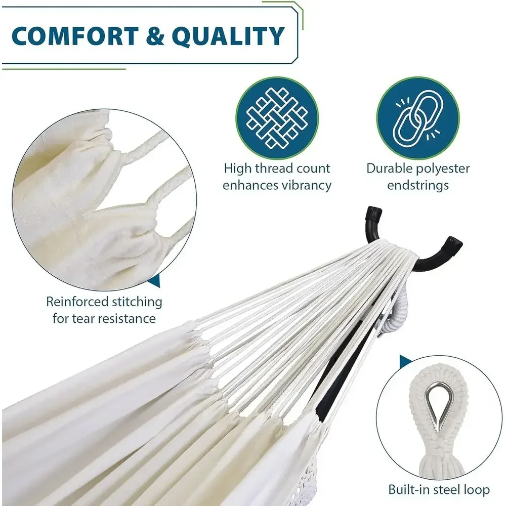 Cotton Hammock with Steel Stand, Polyester End Strings, 450 lbs Capacity, Carry Bag, US-Grown Natural Cotton