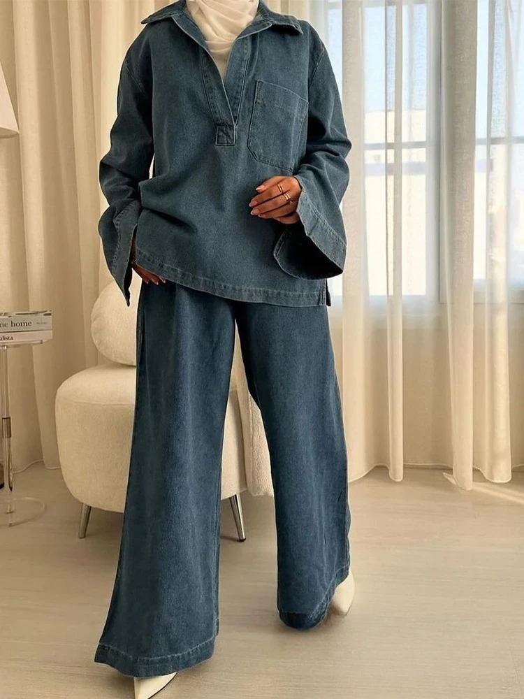 

KONDALA Vintage Casual Denim Chic Women Suit V Neck Long Sleeve Tops+Elastic Straight Pants Fashion 2025 Spring Street Wear Sets