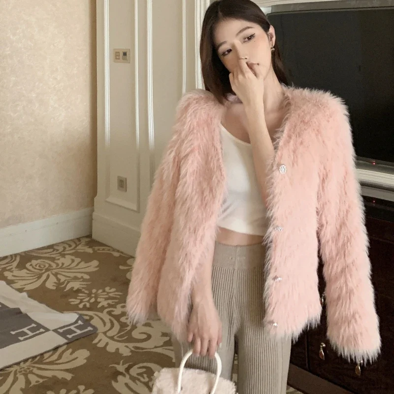 Fashion Mink Faux Fur Fluffy Knit Cardigan Sweater Coat Pink White Cute Button Up Outfit Fall Autumn Women Ladies Top Jumper y2k