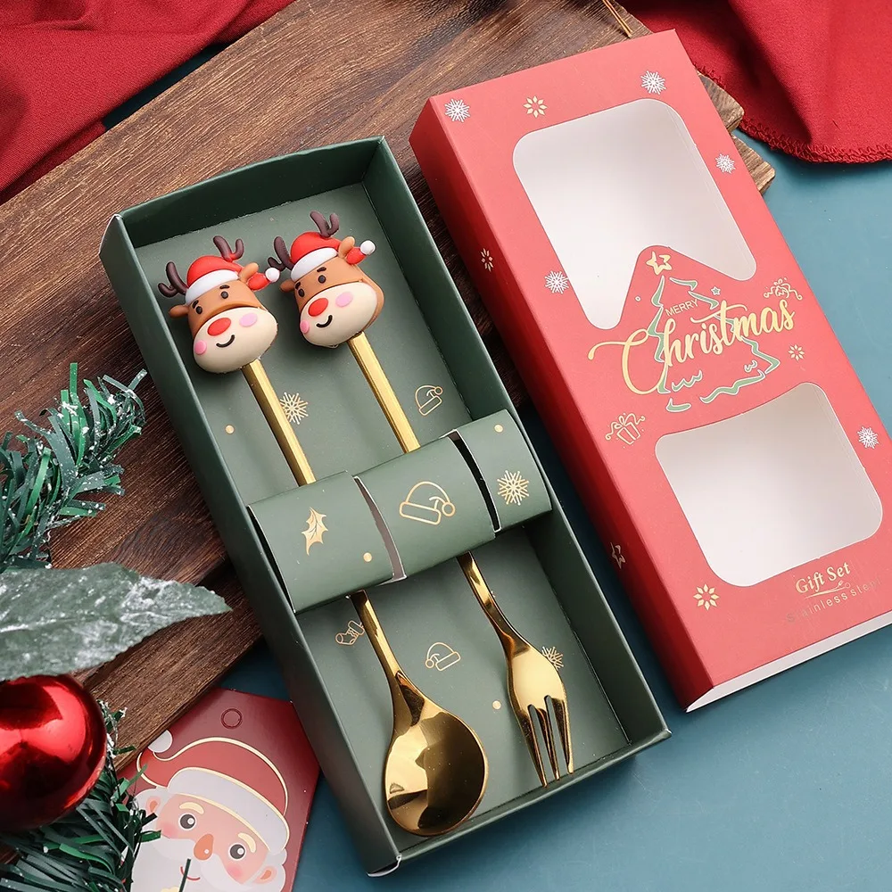 Christmas Spoon Santa Claus Doll Spoon Fork Set Cartoon Snowman Elk Cute Christmas Gift Merry Christma Present Happy New Year