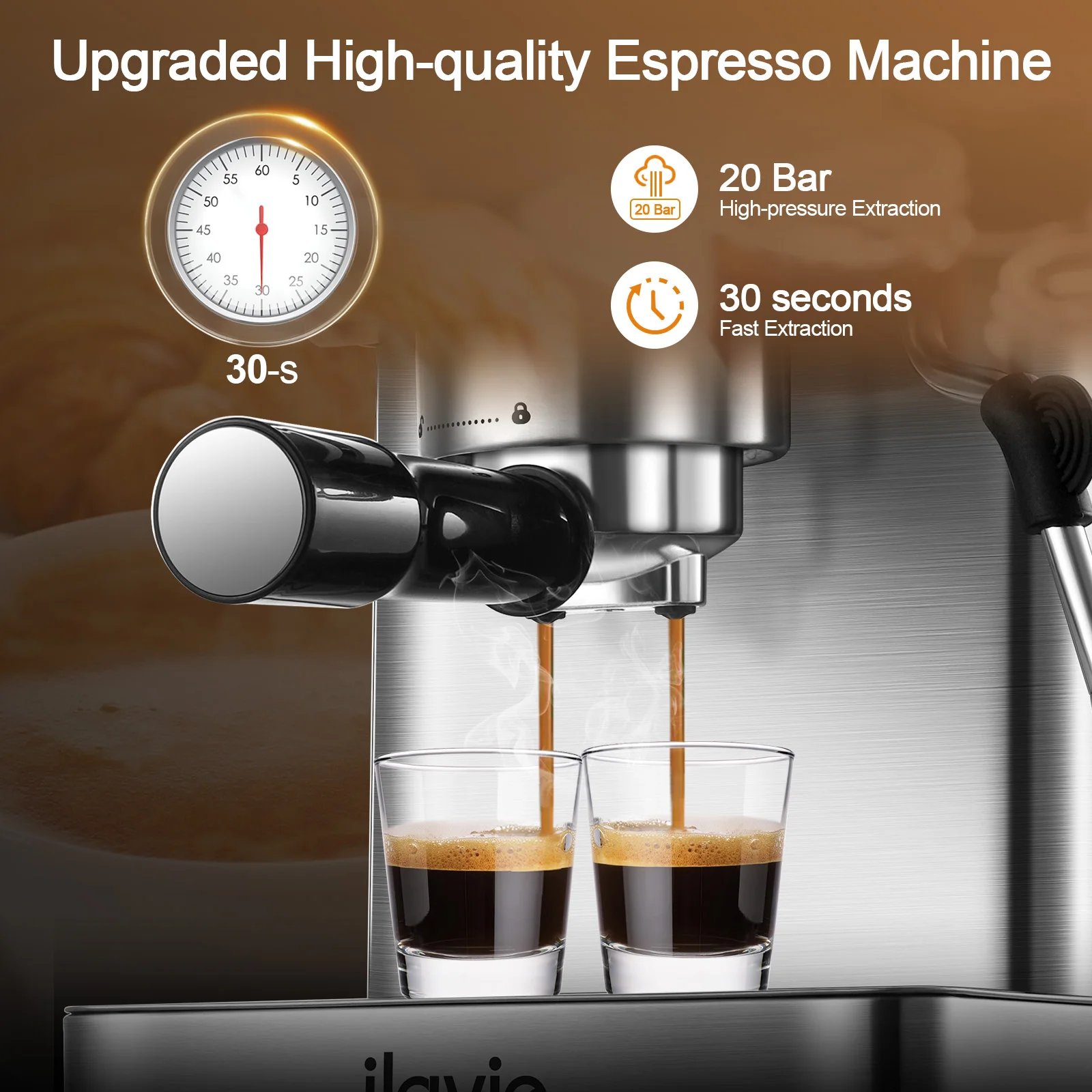 ilavie Espresso Coffee Maker Machine 20Bar Brushed Stainless Steel Professional Express Coffee Machines with Steam Milk Frother