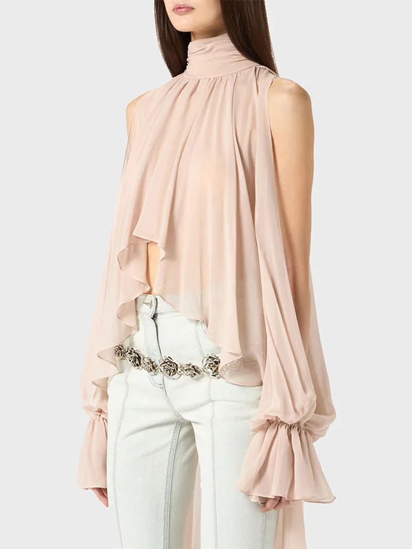 Sweet Fre asymmetrische opstaande kraag A-lijn losse oulder blote chiffon lantaarn Sve hangend Ne irt vest tee kleuren