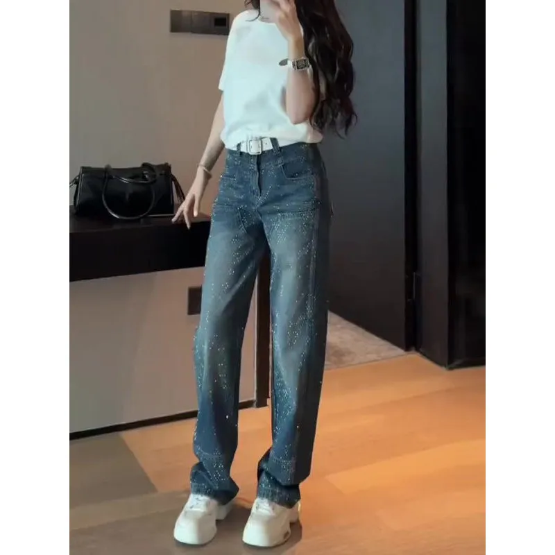 

Tianxing Rhinestone Unique Super Beautiful Women's Jeans Straight Leg Wide Leg Pants Faion Trend Spring 2026 High Waist