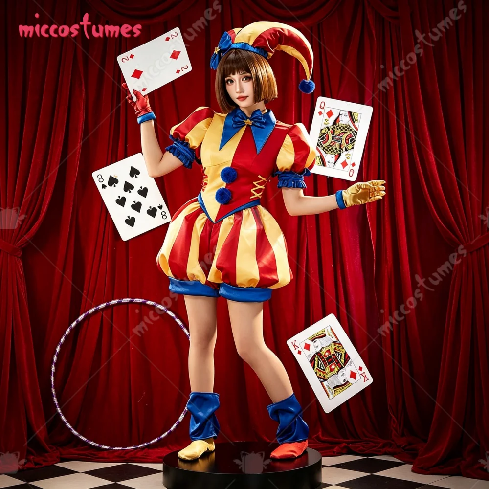 【Versandbereit】Cosplay.fm Damen-Clown-Mädchen-Cosplay-Kostüm für Halloween Zweifarbiger Bodysuit und Hut mit Handschuhen und Socken