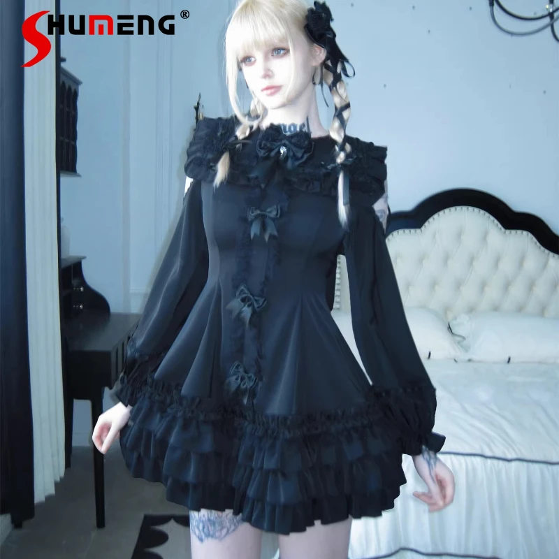 

2026 Autumn Spring Dark Vestidos Japanese Lolita Style Slim-fit Short Sleeves Maxi Dress Available In Black White Satin Dresses