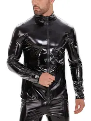 5-7XL z długim rękawem sztuczna błyszcząca sztuczna skórzana koszulka wyglądające na mokre z PVC męskie kurtki płaszcze opięty seksowny Cosplay wiatrówka Moto T Shirt