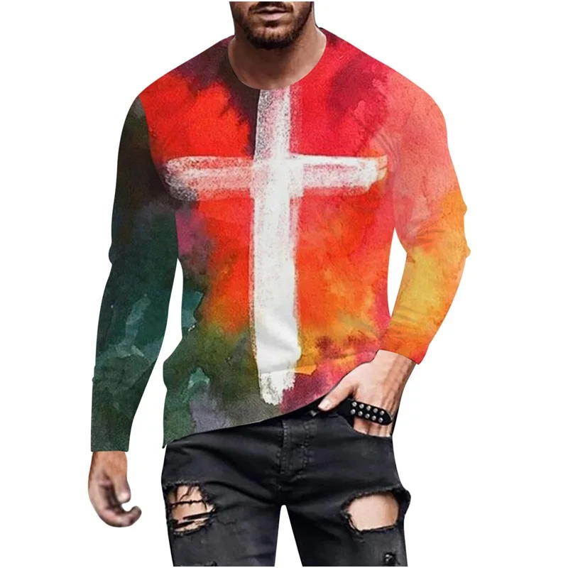 

Men's Jesus Cross Graphic Long Sleeve T-Shirts 3D Print Faith Christian Round Neck Pullover Tees Autumn Daily Casual Street Tops