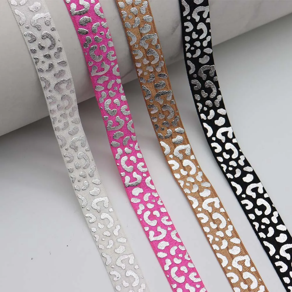5/8\'\' 15mm Gold Silver Foil Leopard Print Fold Over Elastic Ribbon FOE Band For Hair Ties Headwear DIY Sewing Decoration