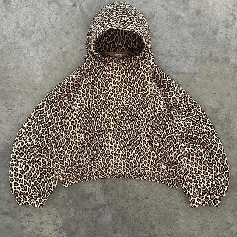 Y2K ファッションヒップホップワイルドヒョウ柄パーカーストリート原宿トレーナーヴィンテージ冬ユニセックスカジュアルフルスリーブプルオーバー