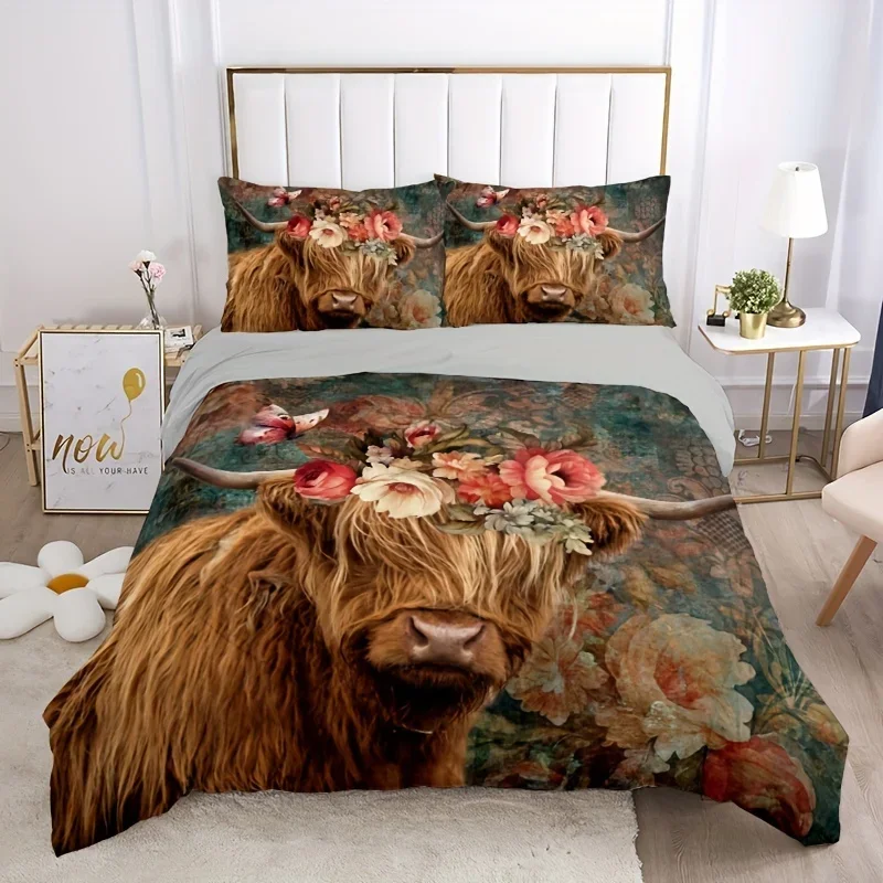 3pcs Vintage Duvet Cover Set, Rustic Pastoral Style Highland Cow Pattern Bedding Set, Soft Comfortable Breathable Duvet Cover