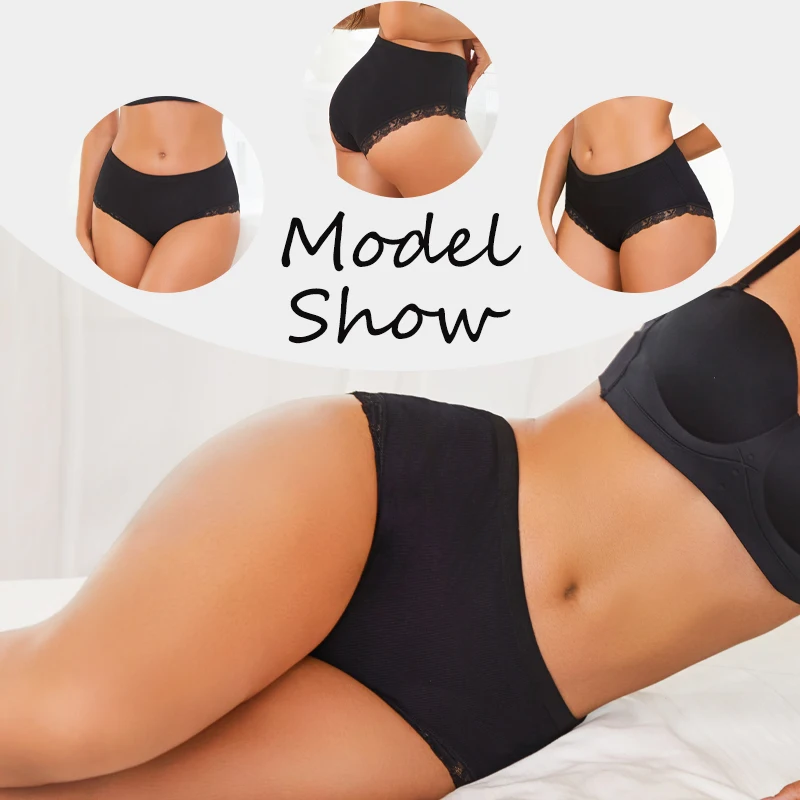 3Pcs/Set Women's Cotton Patchwork Lace Underwear Solid Color High Rise Ribbed Underpants Soft Breathable Panties Female Lingerie