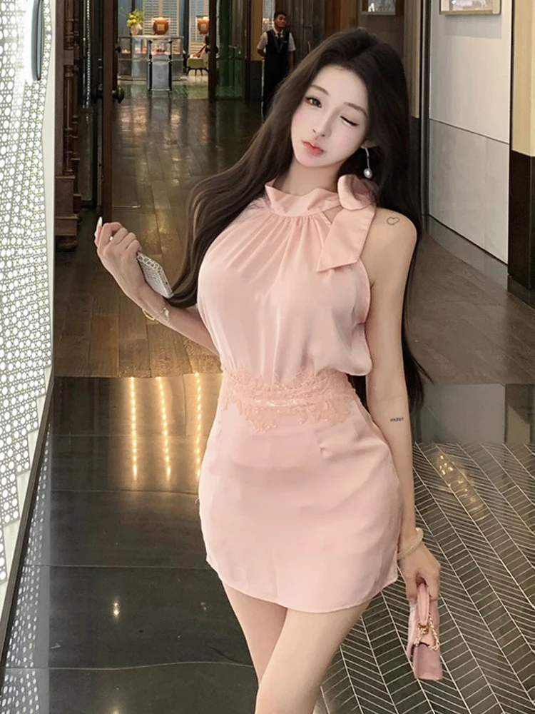 

Elegant Sexy Sleeveless Neck Hanging Strap Top High Waist A-Line Bodycon Half Skirt Lace Waist Seal Set Women's Fashion Summe...