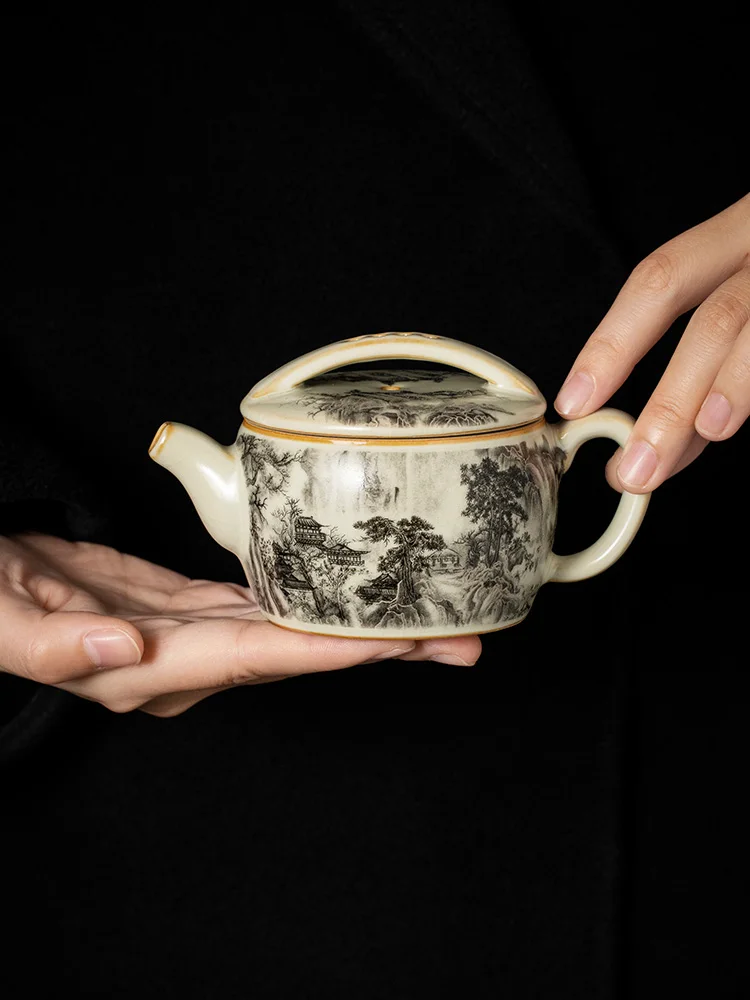 

140ML Ru Kiln Landscape Porcelain Teapot Set For Tea Tureen Teaware Chinese Yellow Ceramic Opening Han Wa Tea Pot Tea Ceremony