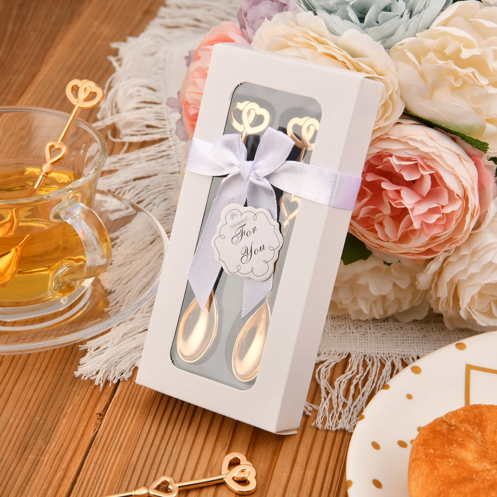 50Pcs/lot=25Sets Event and Party Decoration gift of Double Hearts Coffee Spoons gift for Gold Love Wedding favors